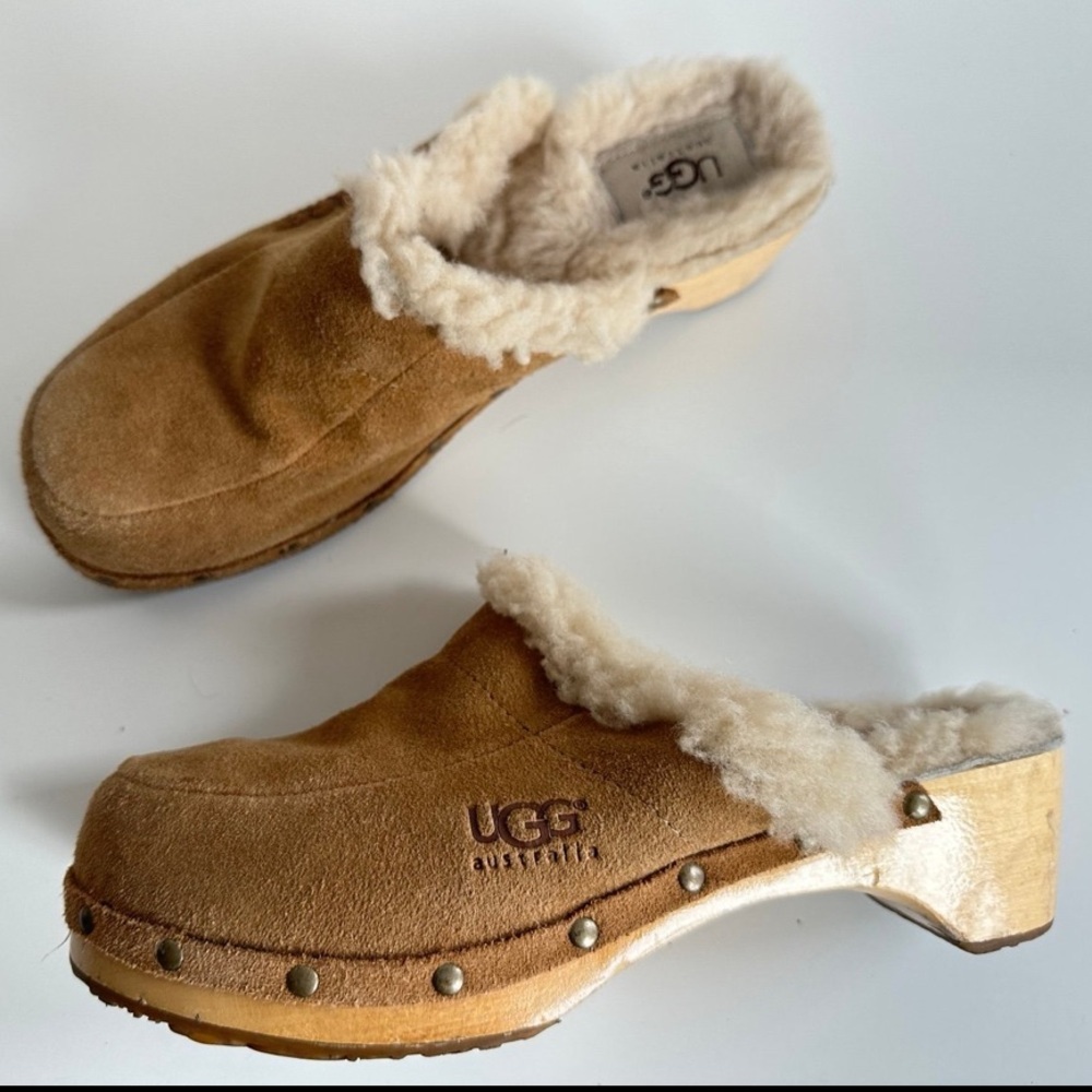 Vintage Y2K UGG Kalie Chestnut Suede Sheepskin Lined Wood Sole Clogs 5426 size 8